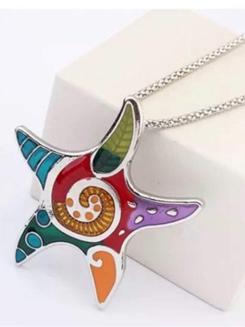 starfish enamel pendant necklace silver & multicolor Beach chunky enamel fish